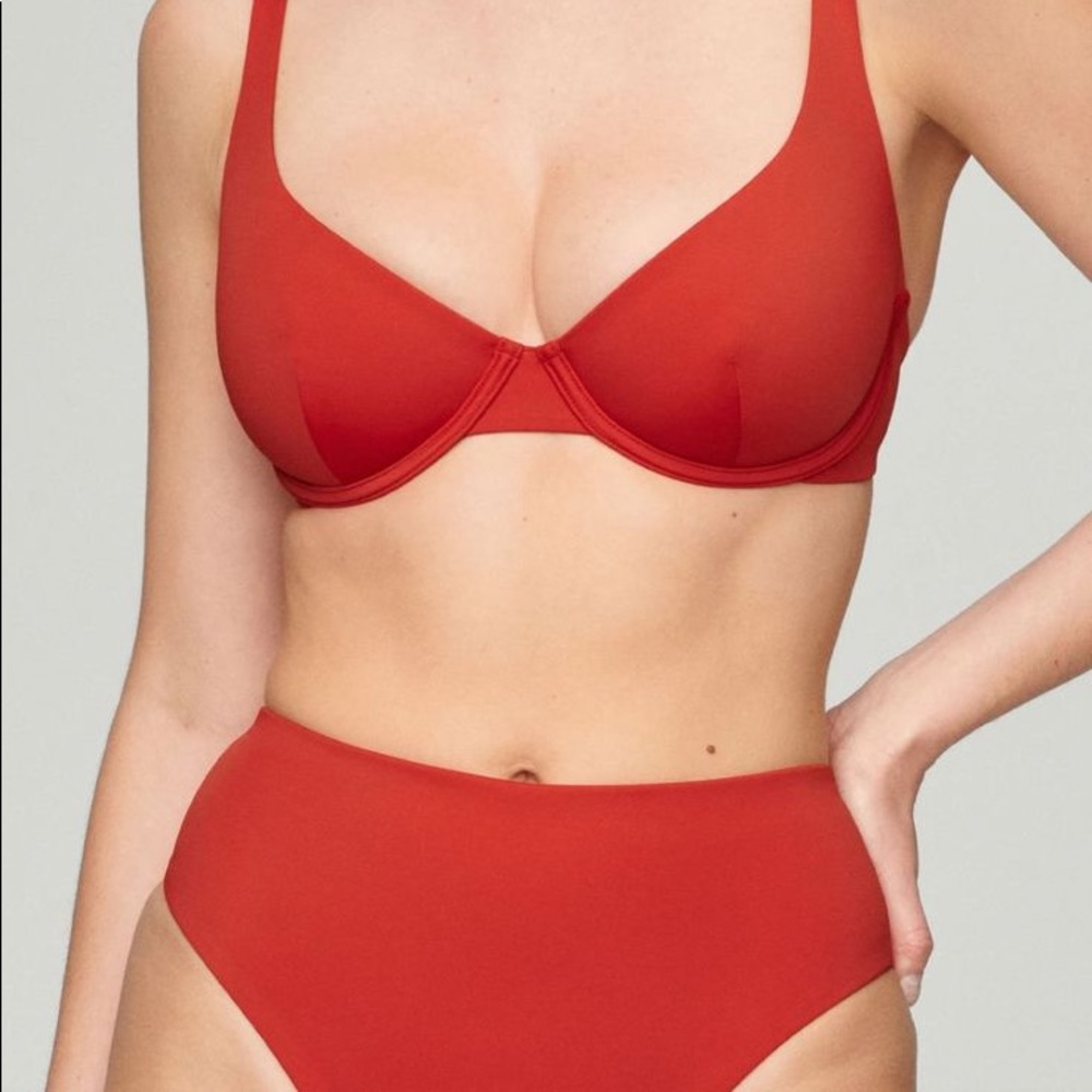 CUUP The Tap High Waist Swim Bottom + The Scoop Bikini Top in Lava - NWT